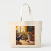 Kat en muis vriendschap - speelse ontmoeting grote tote bag (Voorkant)