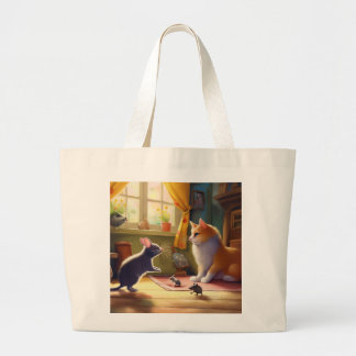Kat en muis vriendschap - speelse ontmoeting grote tote bag