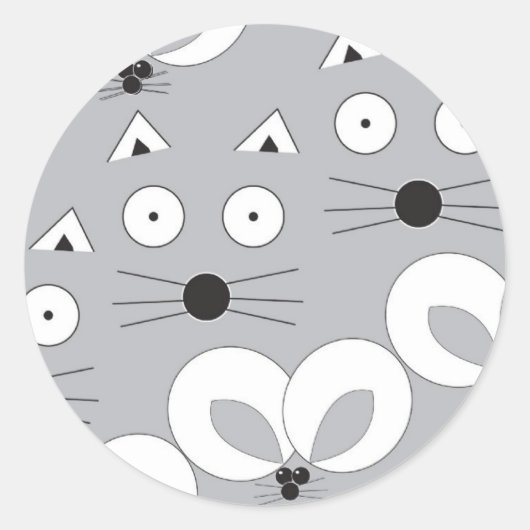 Kat- en muispatroon grijs ronde sticker (Voorkant)