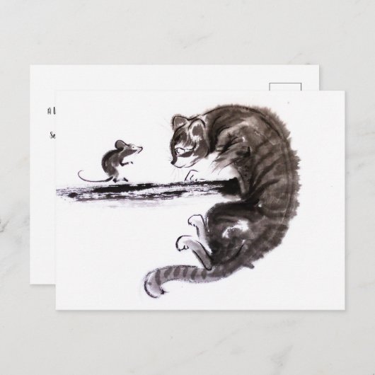 Kat- en muissomschilderij uitnodiging briefkaart (Voorkant / Achterkant)