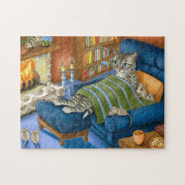 Kat en muizen zittend voor een open haard 459 legpuzzel