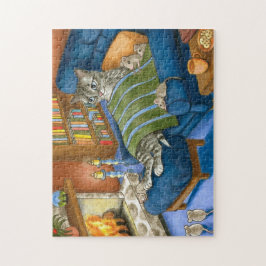 Kat en muizen zittend voor een open haard 459 legpuzzel