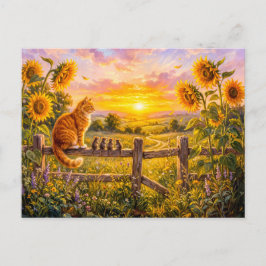 Kat en Muizen Zonsondergang Hek Uitzicht Briefkaart