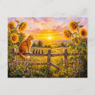 Kat en Muizen Zonsondergang Hek Uitzicht Briefkaart
