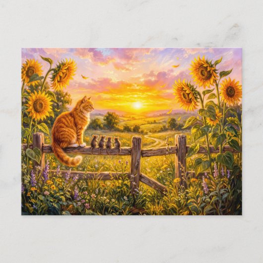 Kat en Muizen Zonsondergang Hek Uitzicht Briefkaart (Voorkant)