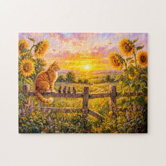 Kat en Muizen Zonsondergang Hek Uitzicht Legpuzzel (Horizontaal)