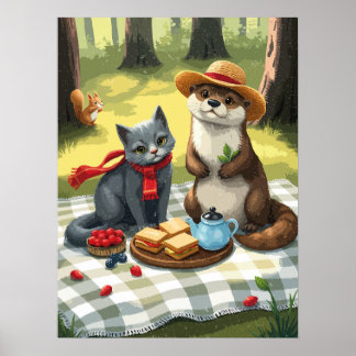 Kat en otter hebben een bos picknick poster
