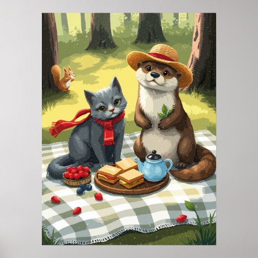 Kat en otter hebben een bos picknick poster (Voorkant)