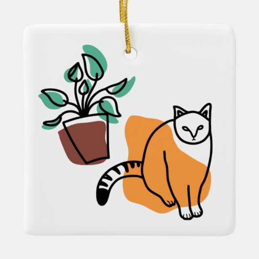 Kat en plant keramisch ornament (Voorkant)