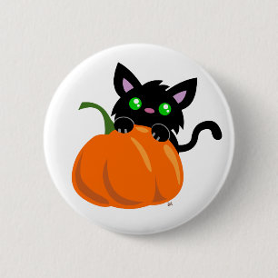 Kat en Pompoen Knop Ronde Button 5,7 Cm