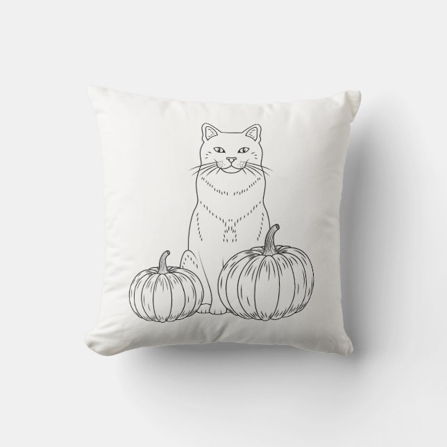 Kat en pompoenen Minimalistische Lijn Kunst Herfst Kussen (Voorkant)