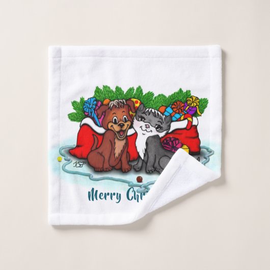 Kat en puppy, Happy XMas Bad Handdoek (Wasdoekje)