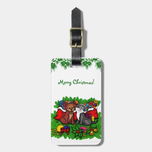 Kat en puppy, Happy XMas Bagagelabel (Voorkant verticaal)