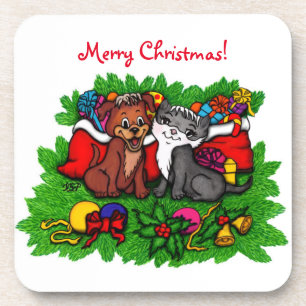 Kat en puppy, Happy XMas Bier Onderzetter