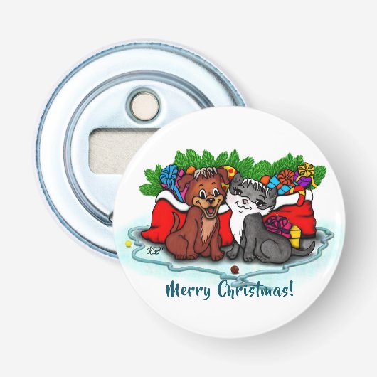 Kat en puppy, Happy XMas Button Flesopener (Voorkant)