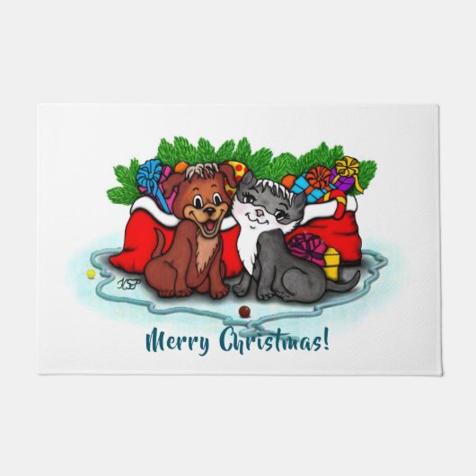 Kat en puppy, Happy XMas Deurmat (Voorkant)