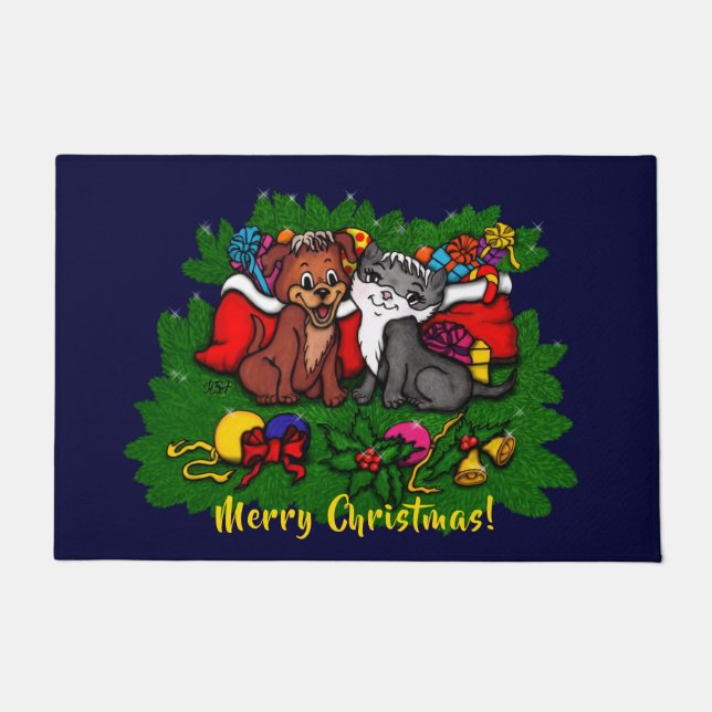 Kat en puppy, Happy XMas Deurmat (Voorkant)