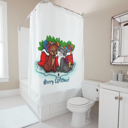 Kat en puppy, Happy XMas Douchegordijn (In situ)