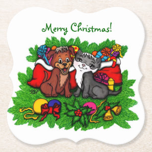 Kat en puppy, Happy XMas Kartonnen Onderzetters