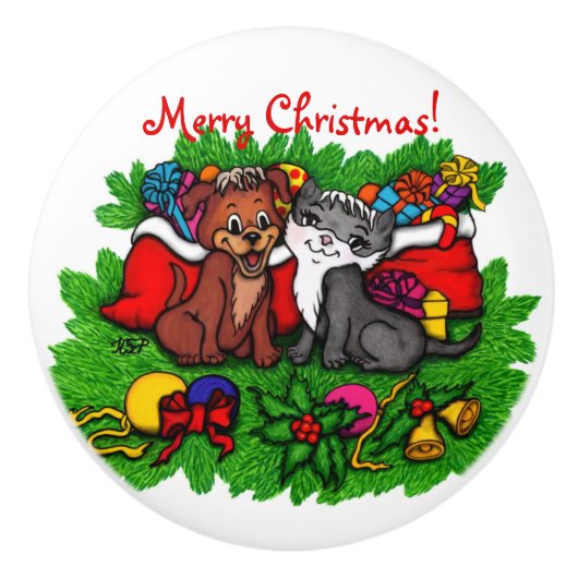 Kat en puppy, Happy XMas Keramische Knop (Voorkant)
