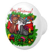 Kat en puppy, Happy XMas Keramische Knop (Rechts)