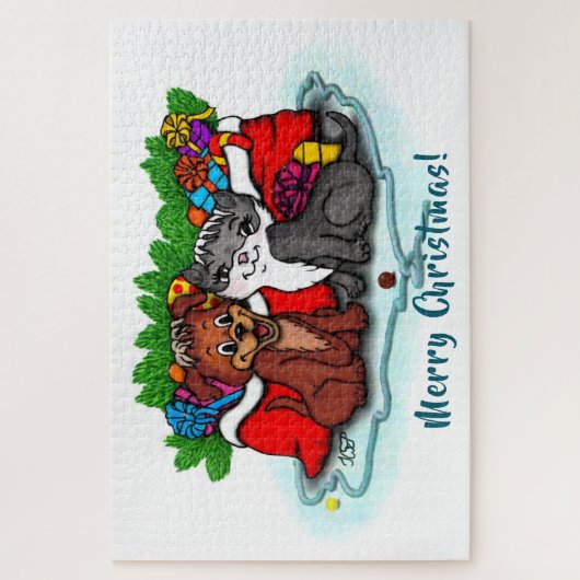 Kat en puppy, Happy XMas Legpuzzel (Verticaal)