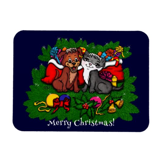 Kat en puppy, Happy XMas Magneet (Horizontaal)