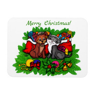 Kat en puppy, Happy XMas Magneet
