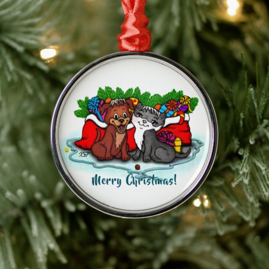 Kat en puppy, Happy XMas Metalen Ornament (Boom)