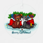 Kat en puppy, Happy XMas Metalen Ornament (Voorkant)
