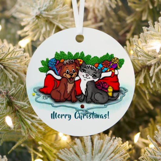 Kat en puppy, Happy XMas Metalen Ornament (Insitu)