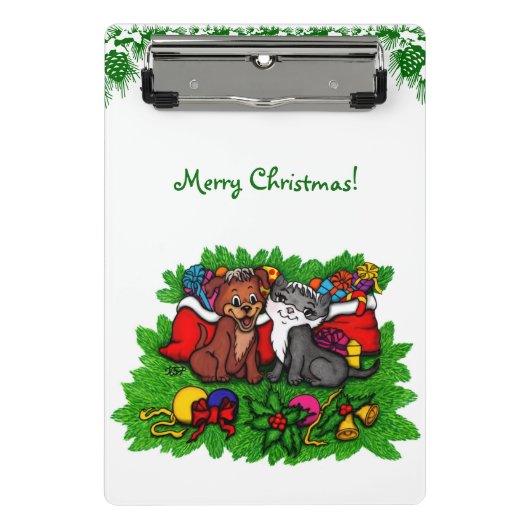 Kat en puppy, Happy XMas Mini Klembord (Voorkant)