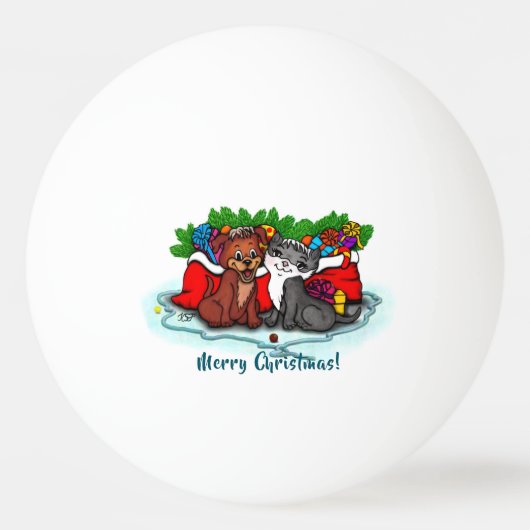 Kat en puppy, Happy XMas Pingpongbal (Voorkant)