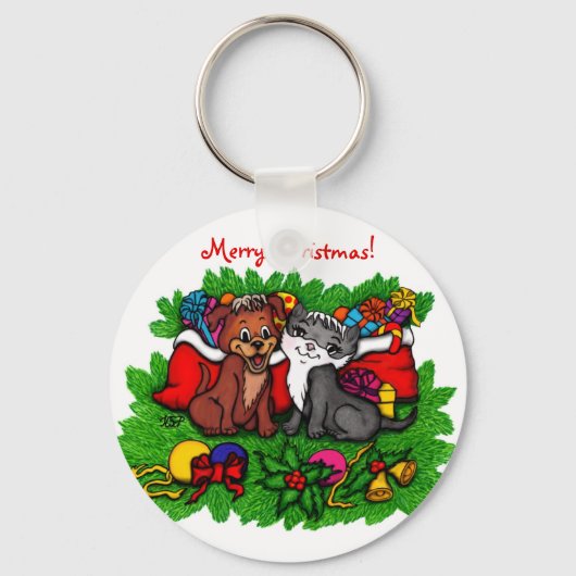 Kat en puppy, Happy XMas Sleutelhanger (Voorkant)