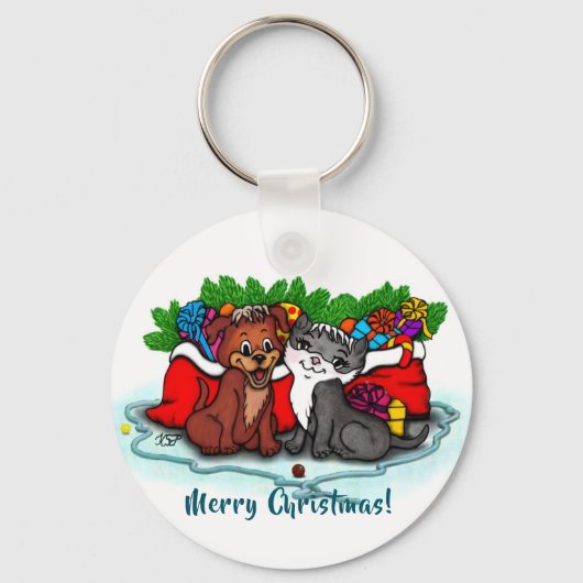 Kat en puppy, Happy XMas Sleutelhanger (Voorkant)