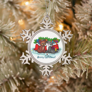 Kat en puppy, Happy XMas Tin Sneeuwvlok Ornament