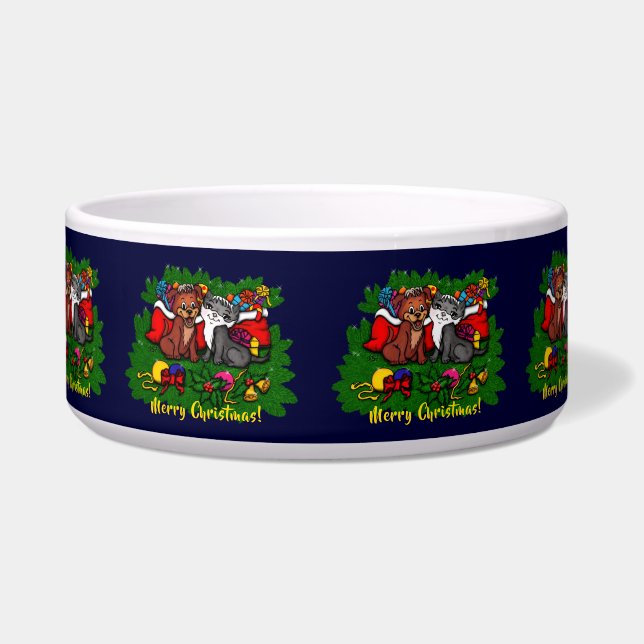 Kat en puppy, Happy XMas Voerbakje (Voorkant)