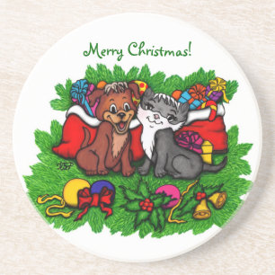 Kat en puppy, Happy XMas Zandsteen Onderzetter
