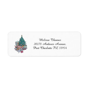 Kat en puppy kerstboom eenvoudige minimalist etiket