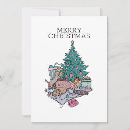 Kat en puppy kerstboom eenvoudige minimalist feestdagenkaart