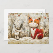 Kat en rendier in de winter gemaakt in vilttechnie briefkaart (Voorkant / Achterkant)