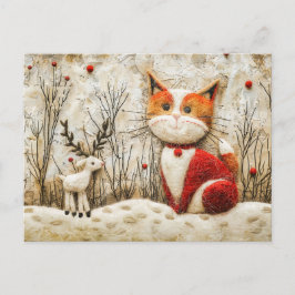 Kat en rendier in de winter gemaakt in vilttechnie briefkaart