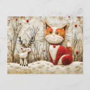 Kat en rendier in de winter gemaakt in vilttechnie briefkaart