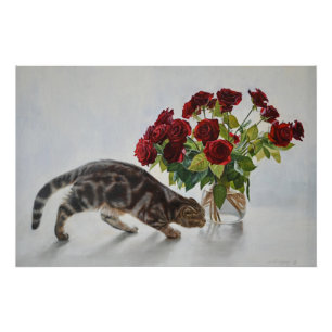 Kat en Rode Rozen – Realistisch Olie Schilderij Pr Perfect Poster