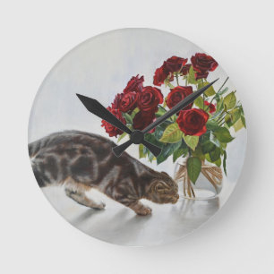 Kat en Rode Rozen – Realistisch Olie Schilderij Pr Ronde Klok