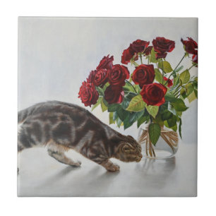 Kat en Rode Rozen – Realistisch Olie Schilderij Pr Tegeltje