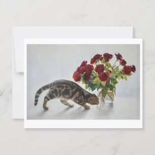 Kat en rode rozen – realistische olieverfschilderi briefkaart