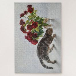 Kat en Rode Rozen – Realistische Olieverfschilderi Legpuzzel