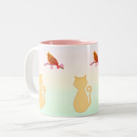 Kat en rode vogel tweekleurige koffiemok (Voorkant links)
