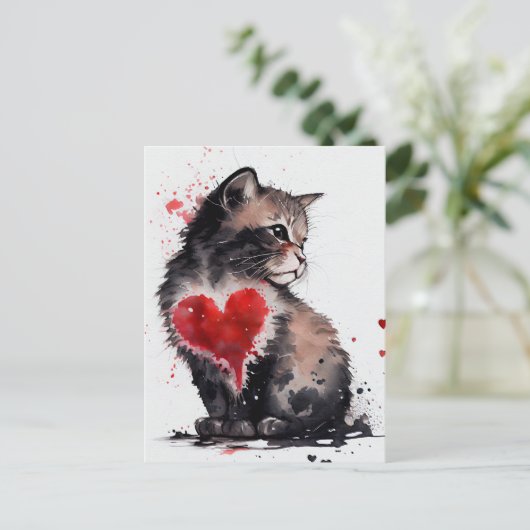 Kat- en rode waterverf briefkaart (Staand voorkant)